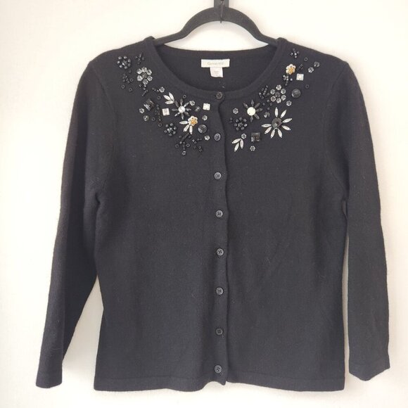 Garnet Hill Lambs Wool Angora Black Button Down Cardigan Sweater Beaded S - Picture 1 of 6